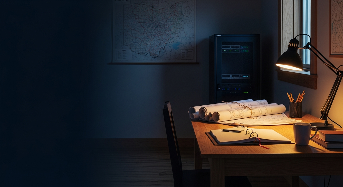 A small Ohio IT-consulting office at dusk with an architect's desk, rolled blueprints, and a wall map