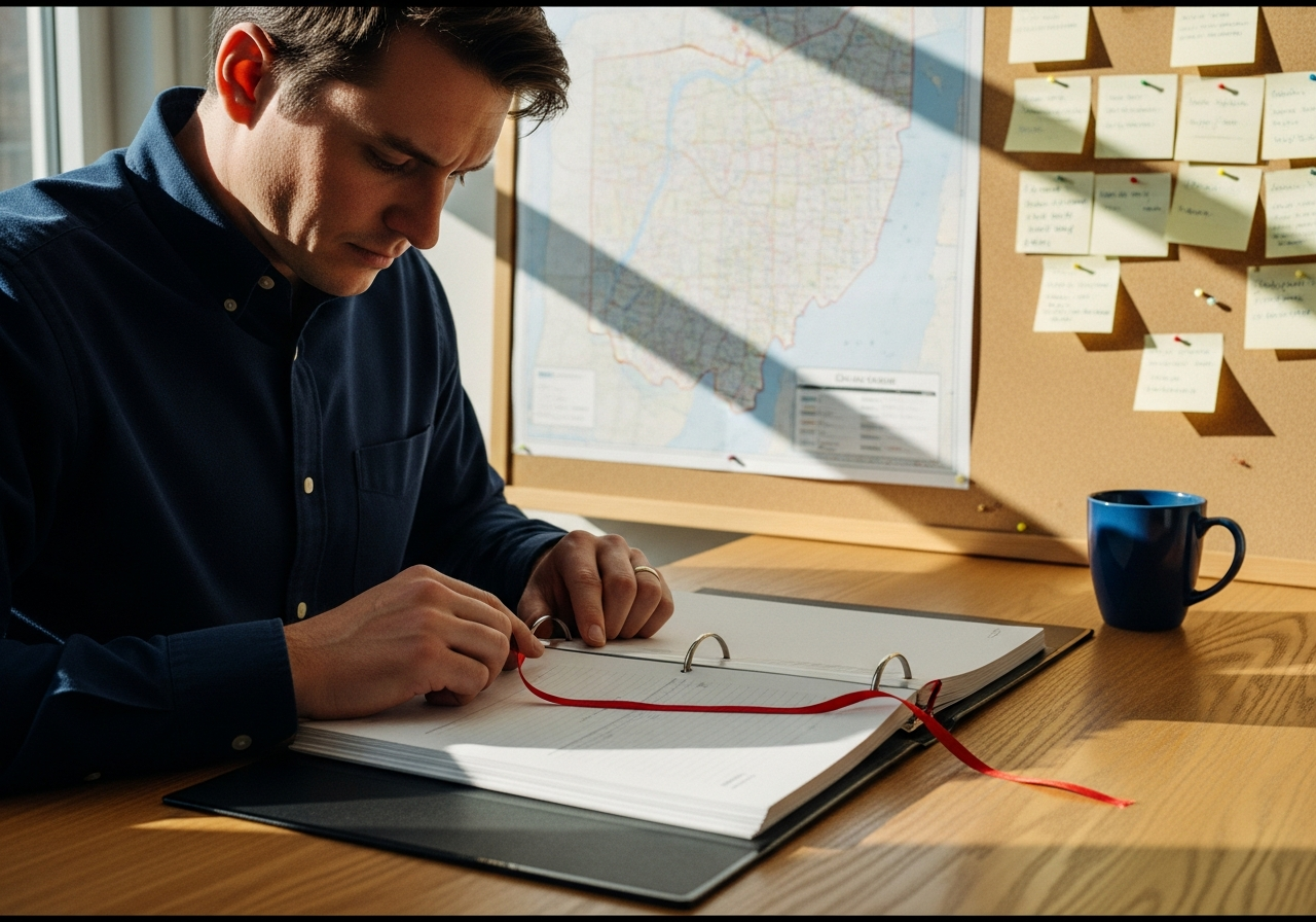 A consultant annotating a client architecture binder at a desk in a small Ohio office