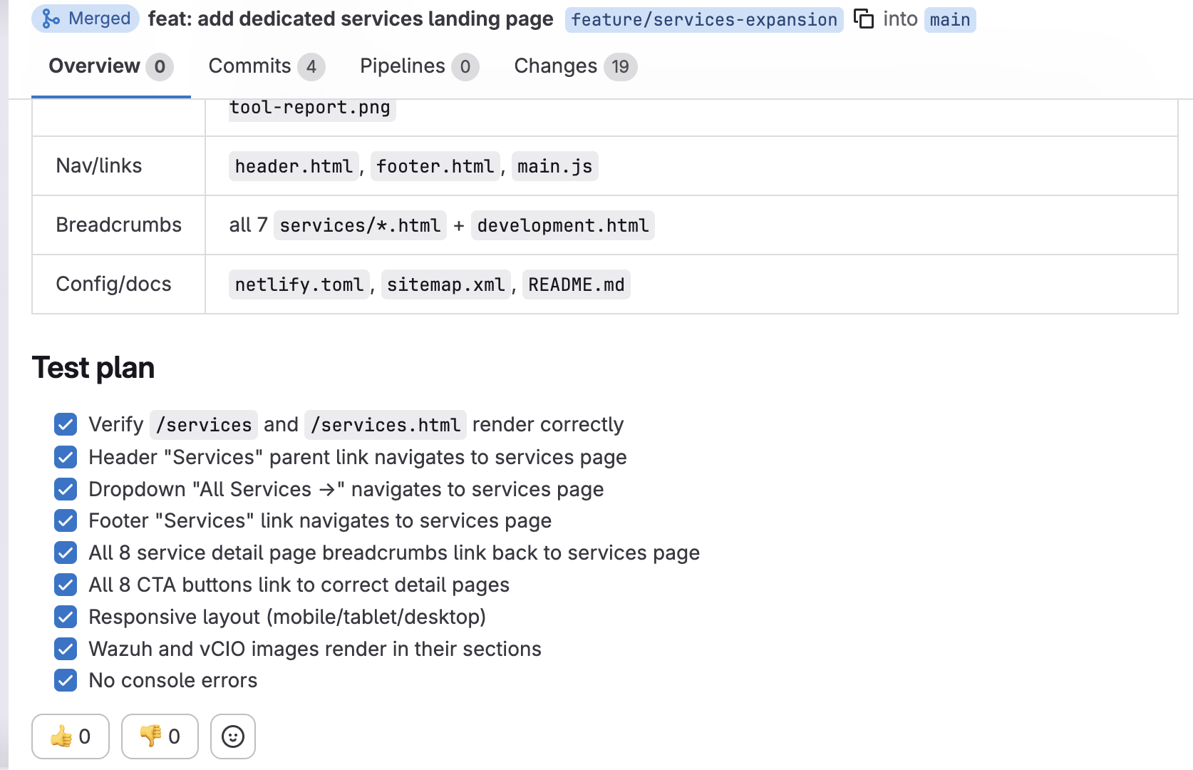 GitLab test plan showing structured QA workflow and deployment verification
