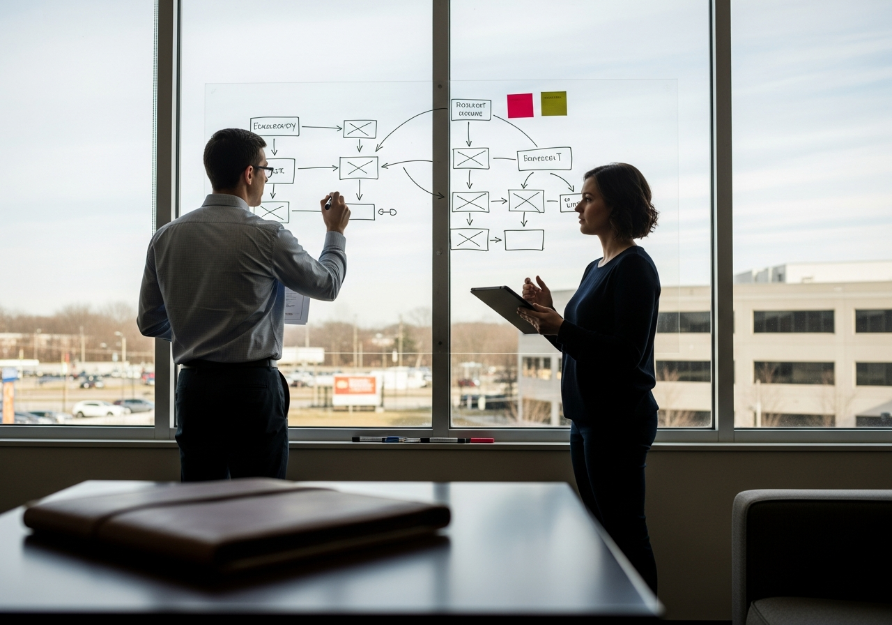 Two consultants reviewing a client's IT roadmap on a whiteboard in a small Ohio office