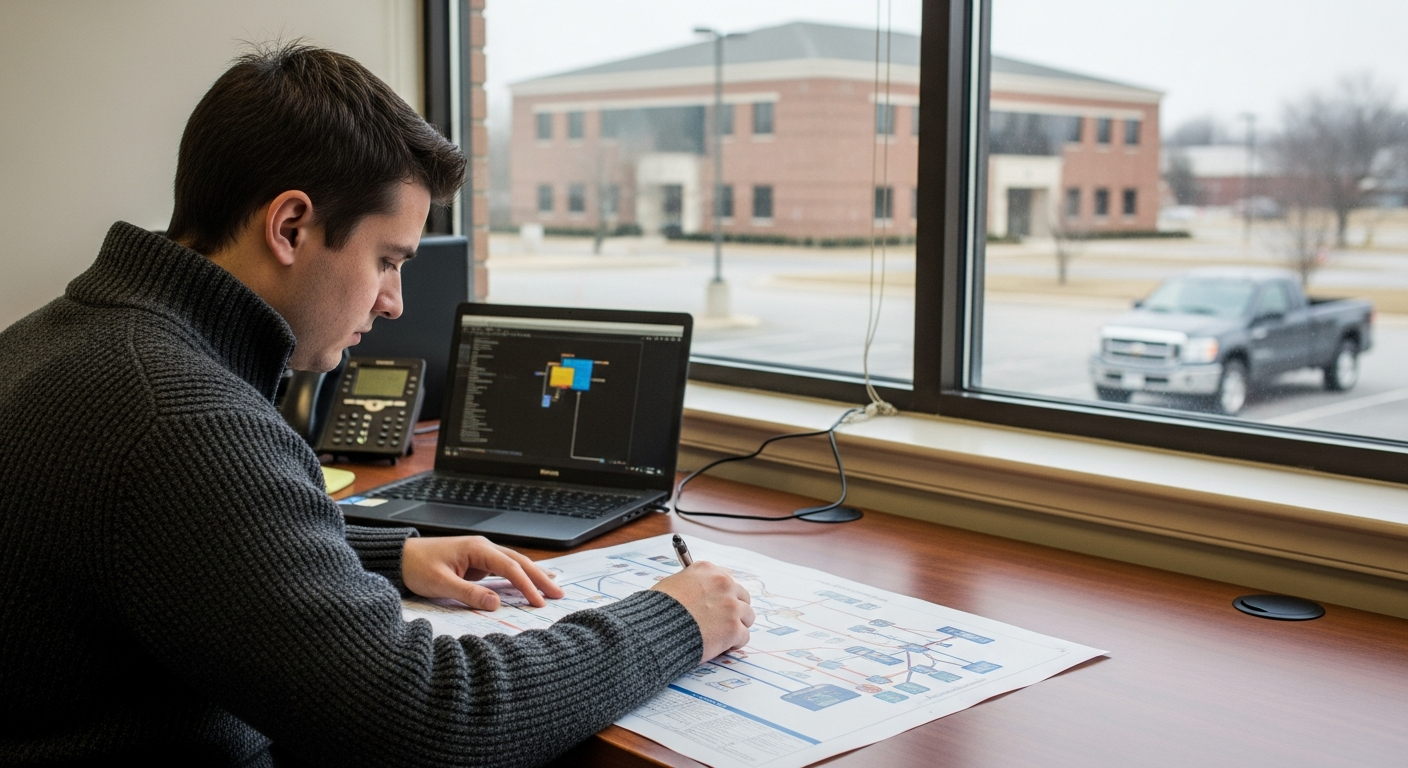 A consultant reviewing a printed network topology diagram at a desk in a small Ohio office at dawn
