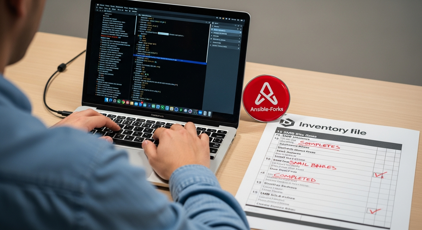An administrator triggering an Ansible playbook against a printed inventory of SMB sites