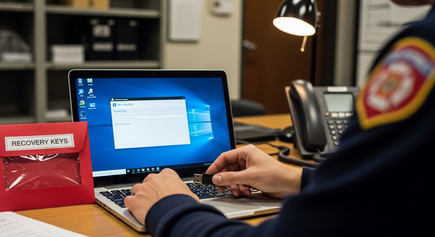 An IT staffer holding a small USB device near a Windows recovery prompt on a fire-district laptop