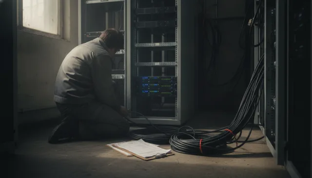 A technician kneels beside a newly installed server rack in the equipment room of a small municipal building, checking cabling by the light of a high window