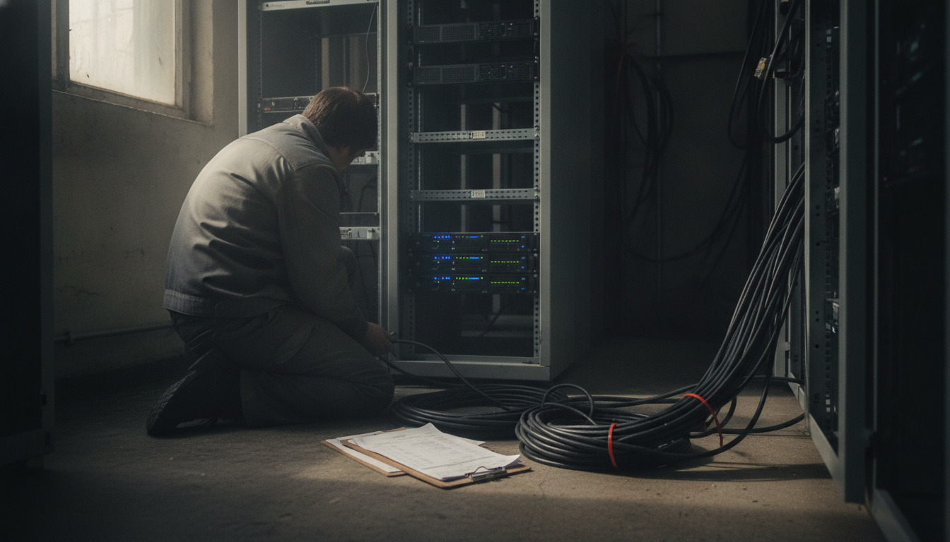 A technician kneels beside a newly installed server rack in the equipment room of a small municipal building, checking cabling by the light of a high window