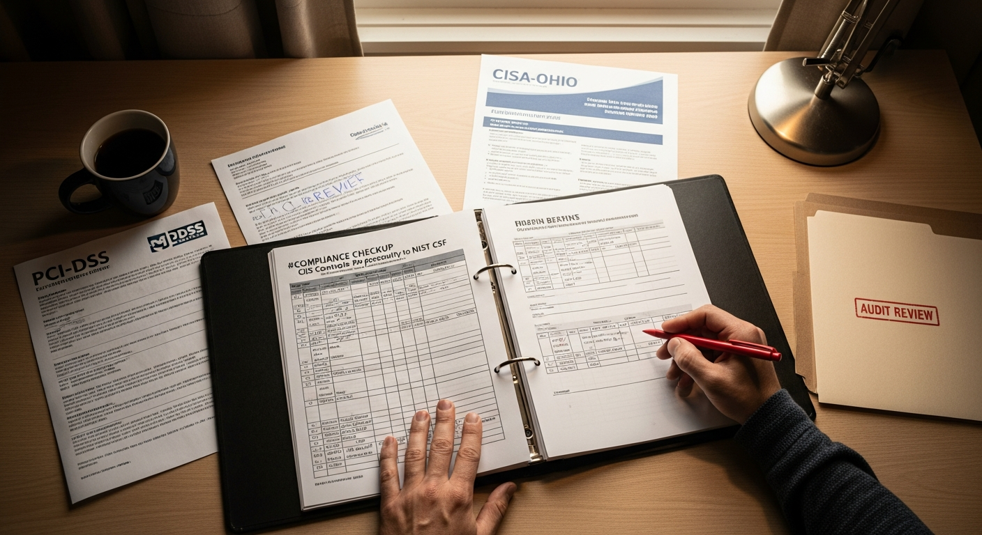 A compliance binder open to a CIS Controls mapping page with NIST and PCI cross-references