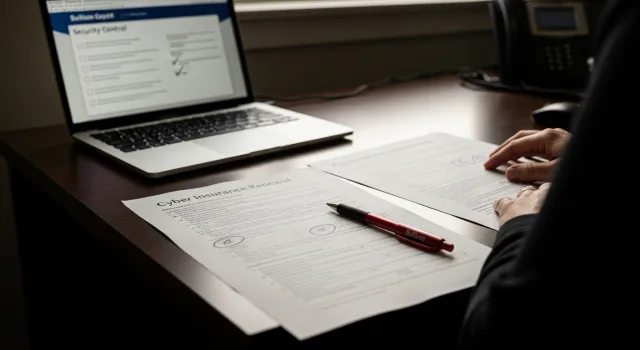 A municipal finance officer working through a multi-page cyber insurance renewal questionnaire at an office desk, with several questions circled and a laptop beside the form showing a security control checklist