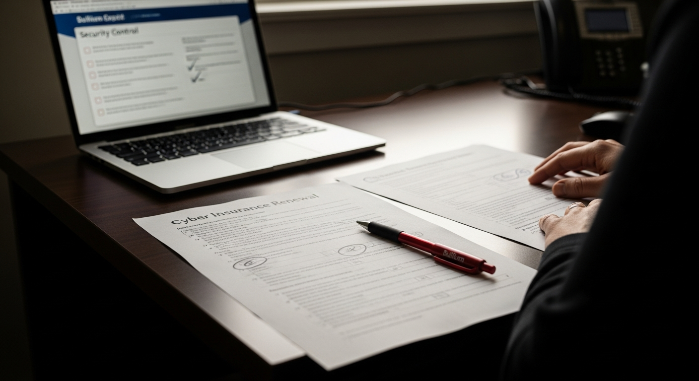A municipal finance officer working through a multi-page cyber insurance renewal questionnaire at an office desk, with several questions circled and a laptop beside the form showing a security control checklist