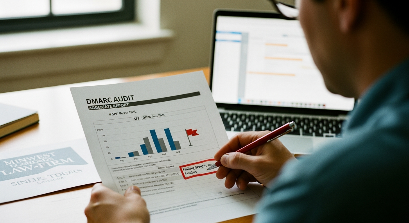 An administrator reviewing a printed DMARC aggregate report alongside a DNS console