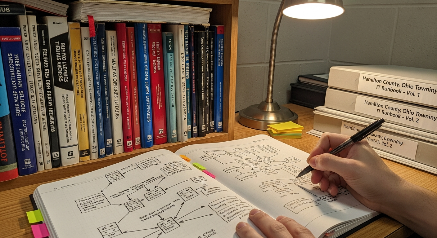A working library shelf of well-thumbed technical books and runbooks with a researcher's annotated notes spread open on a desk in the foreground