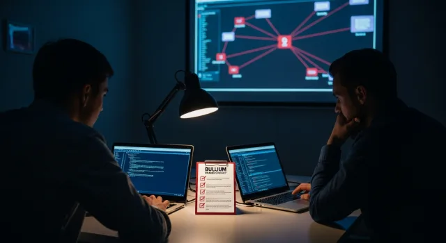 A business owner and an IT manager huddled over laptops at a small-business conference table late at night, a wall screen showing a disconnected network segment and a red-bordered incident checklist between them