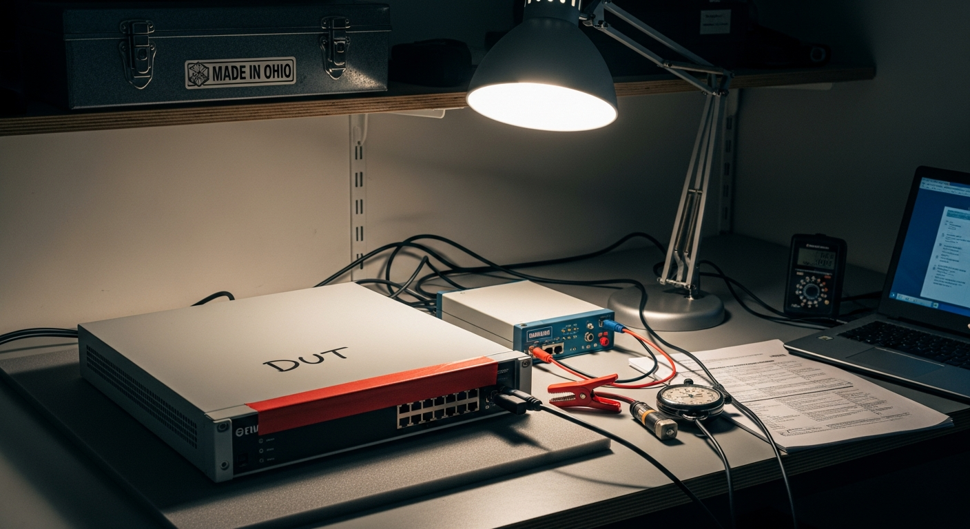 A test bench in a small evaluation lab with a firewall under test labelled in red painter's tape