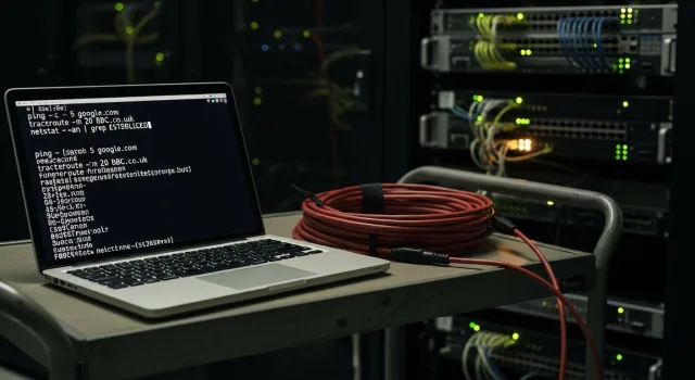 A terminal window filled with network diagnostic command output, reflected in the dark faceplate of a rack-mounted switch