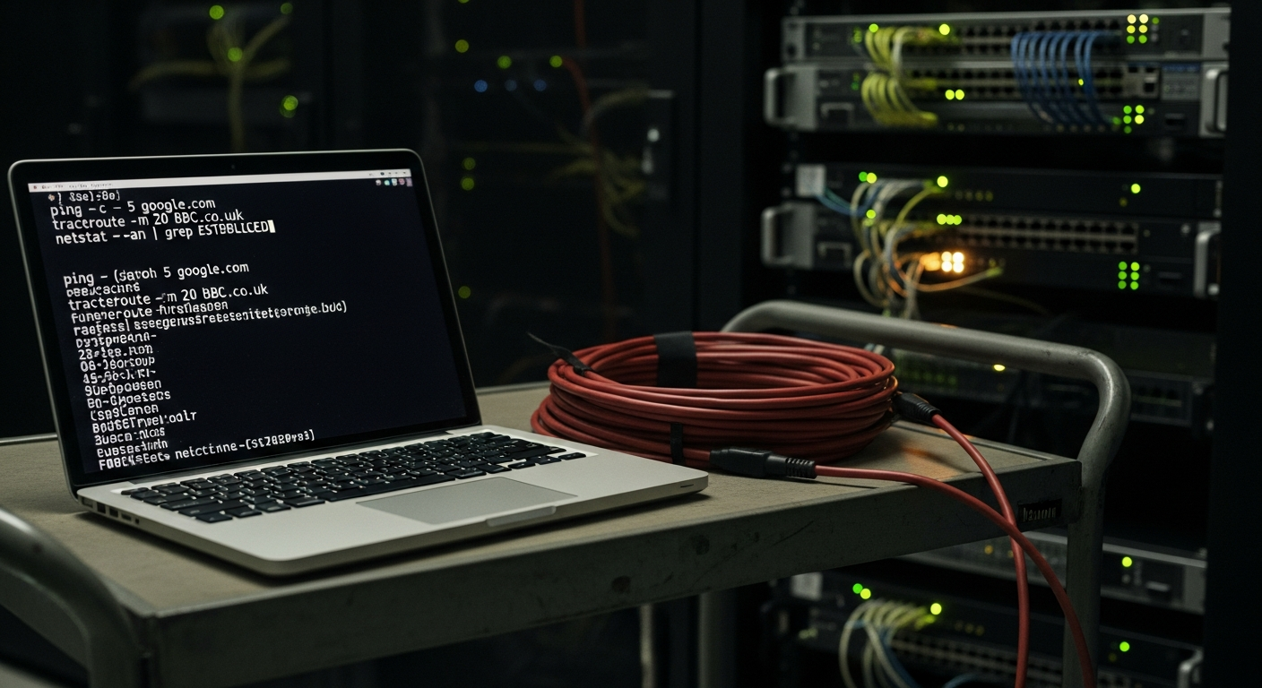 A terminal window filled with network diagnostic command output, reflected in the dark faceplate of a rack-mounted switch