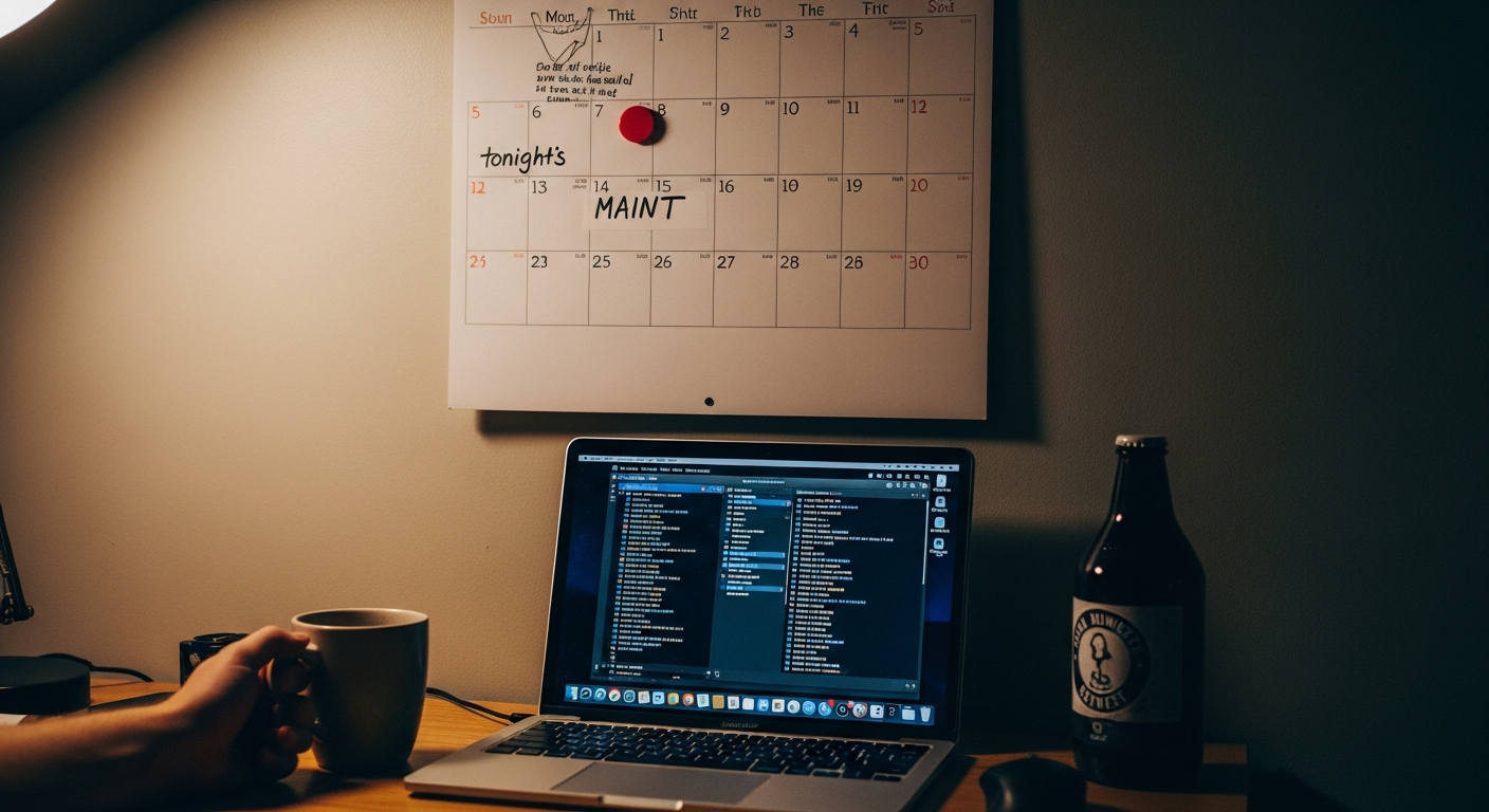 A wall calendar with a red magnet marking tonight's Linux patch maintenance window