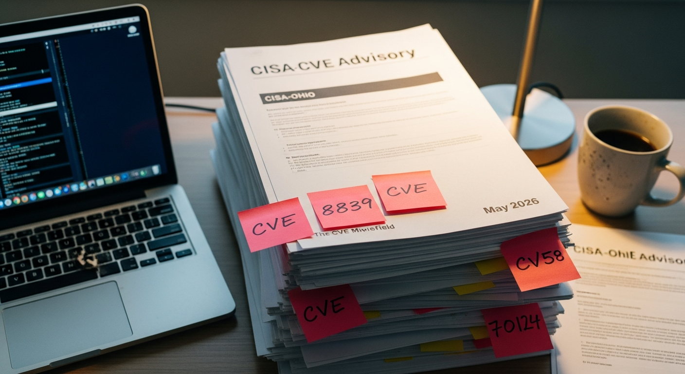 A printed CVE advisory stack with red flags marking four Linux kernel LPE entries