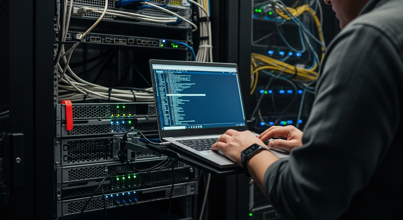An administrator at a server rack reviewing systemd journal output on a console laptop
