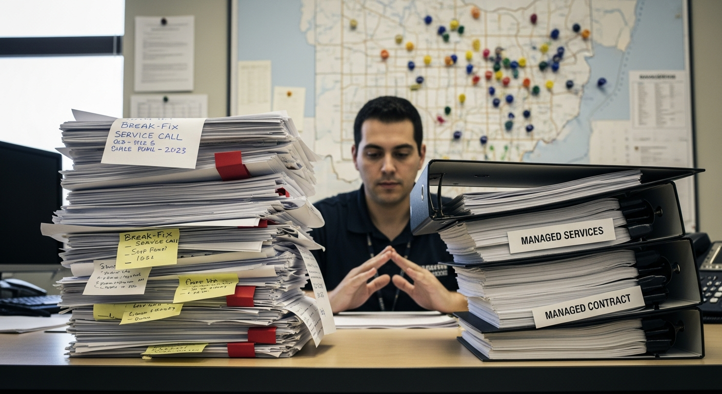 An MSP dispatcher comparing a stack of break-fix invoices to a managed-services plan summary