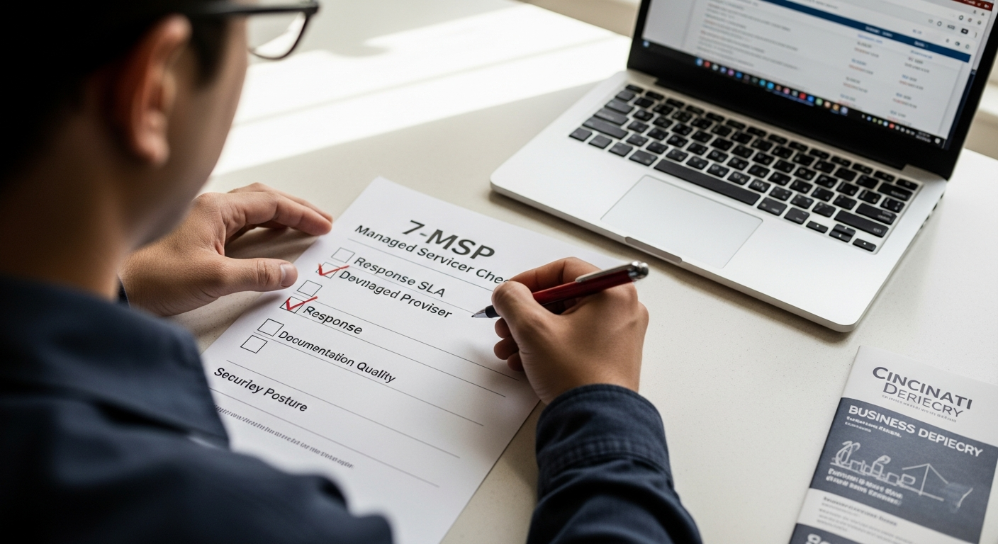 A small-business owner reviewing a printed MSP evaluation checklist with hand-ticked criteria