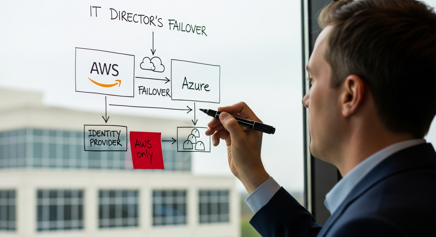 An IT director sketching a two-provider cloud failover diagram on a glass conference-room wall
