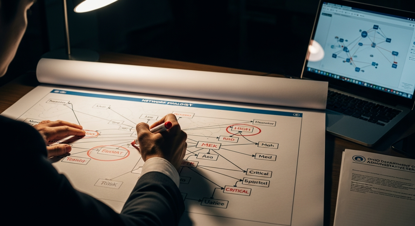 A printed network topology map with red circles around high-risk nodes and a security analyst's hand annotating