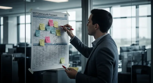 A public-sector IT manager mapping security controls onto a printed NIST Cybersecurity Framework chart with sticky notes in a county government operations room
