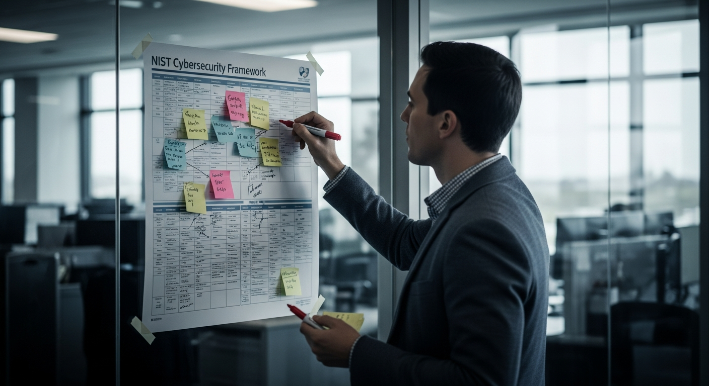 A public-sector IT manager mapping security controls onto a printed NIST Cybersecurity Framework chart with sticky notes in a county government operations room.