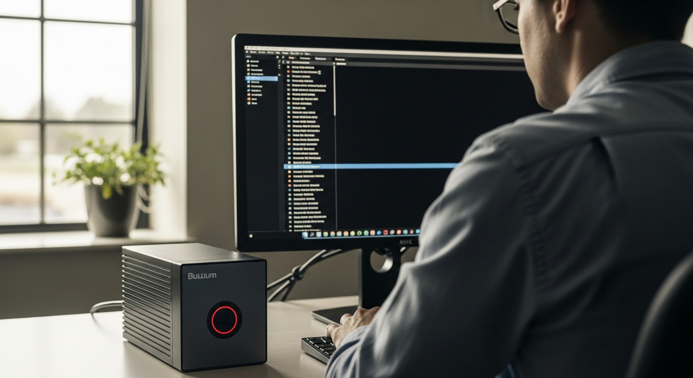 A township IT administrator running a test restore in a municipal office, verifying recovered files on a monitor while an offline backup drive with a single red status light sits on the desk