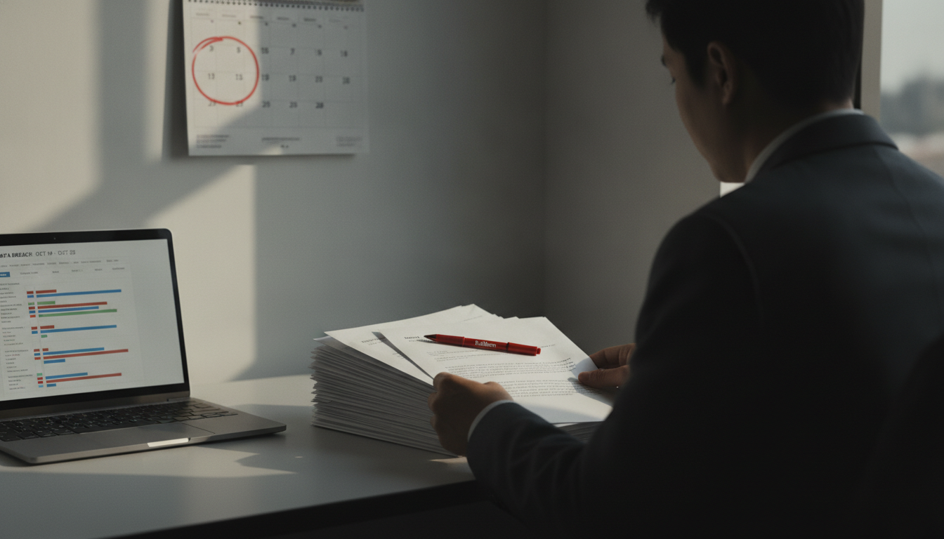 A compliance officer at an office desk assembles a stack of printed breach notification letters beside a wall calendar with a deadline date circled, an open laptop showing an incident timeline, a single red pen resting on the top envelope