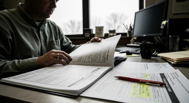 An Ohio township finance officer comparing a cyber insurance renewal packet against a printed compliance checklist