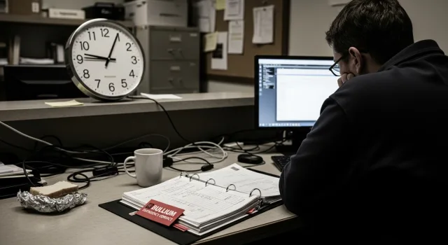 A township IT administrator on an after-hours phone call at a municipal operations desk, an open incident-response binder and a red-tabbed emergency contact sheet beside a monitor showing an alert