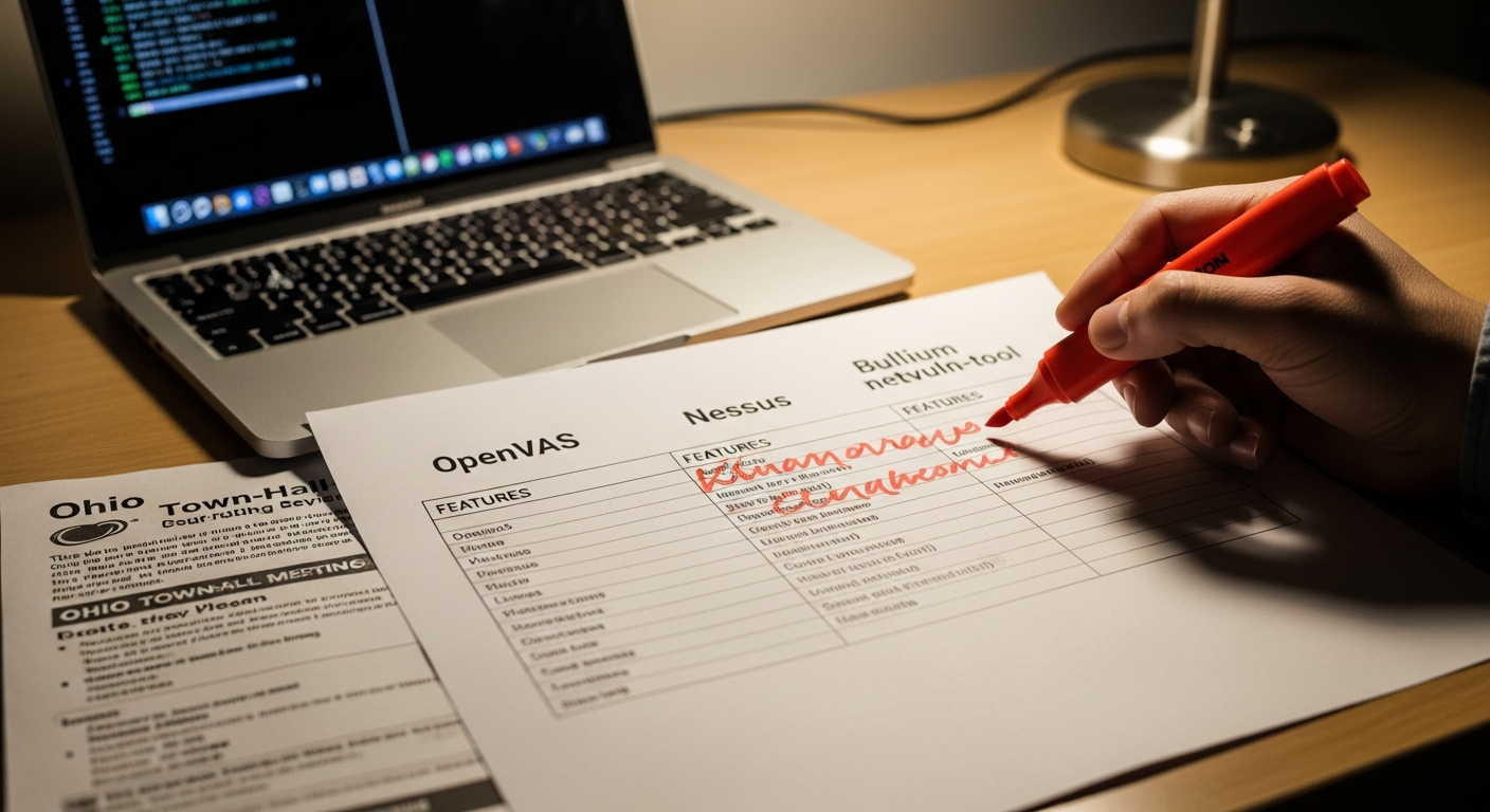 A printed scanner comparison sheet with open-source and commercial columns and a red highlighter ticking features