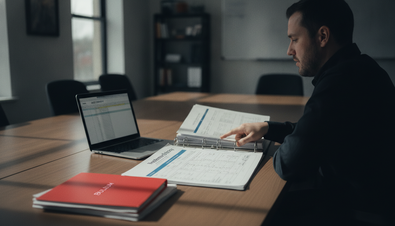 A consultant seated at a conference table turns the pages of a printed information security policy binder, framework control-mapping sheets spread beside a laptop showing an asset inventory, with a single red folder resting on the table edge