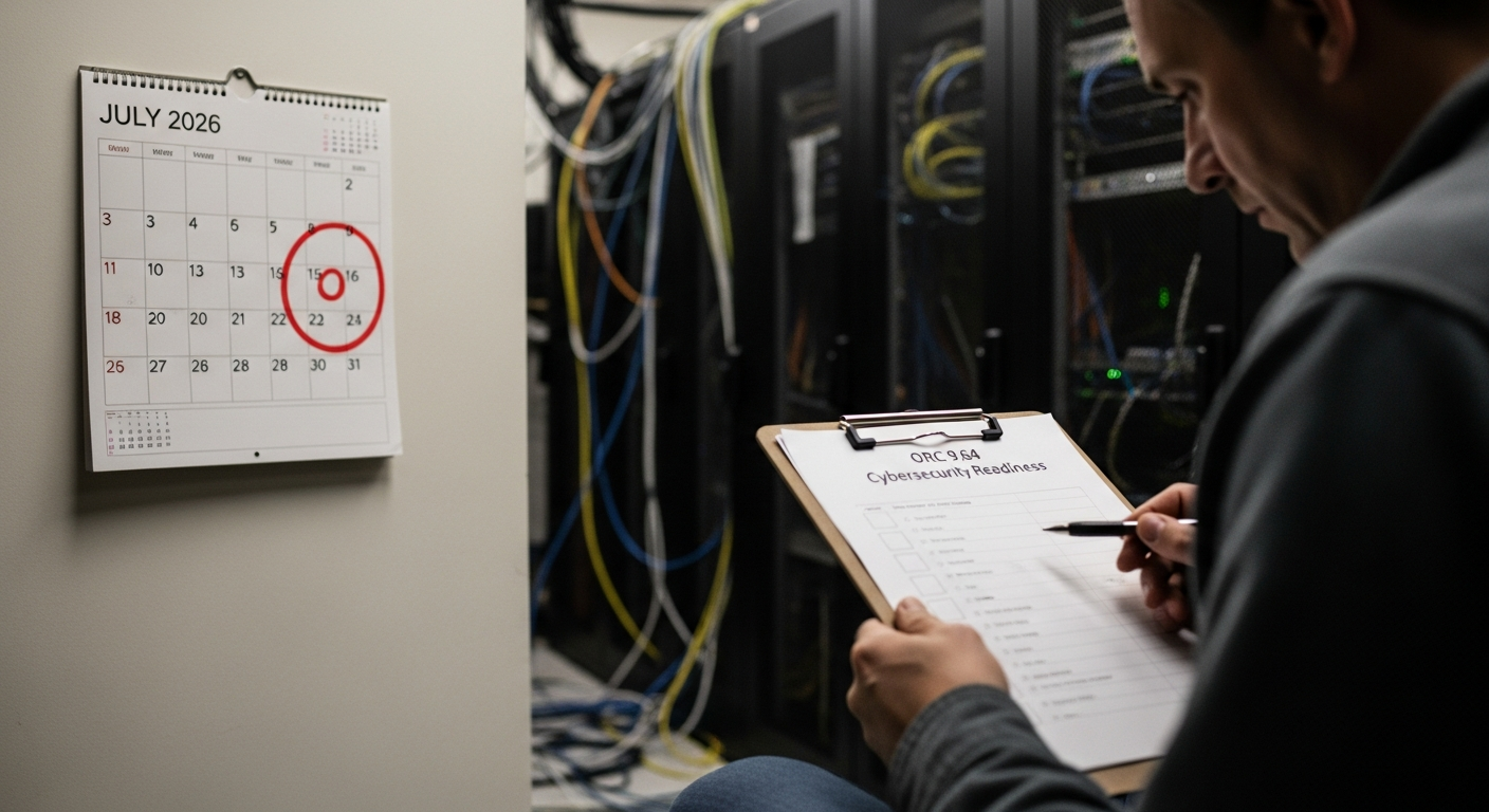 A local-government systems administrator reviewing an ORC 9.64 cybersecurity readiness checklist in a small municipal server room, with a July 2026 deadline circled in red on a wall calendar behind them