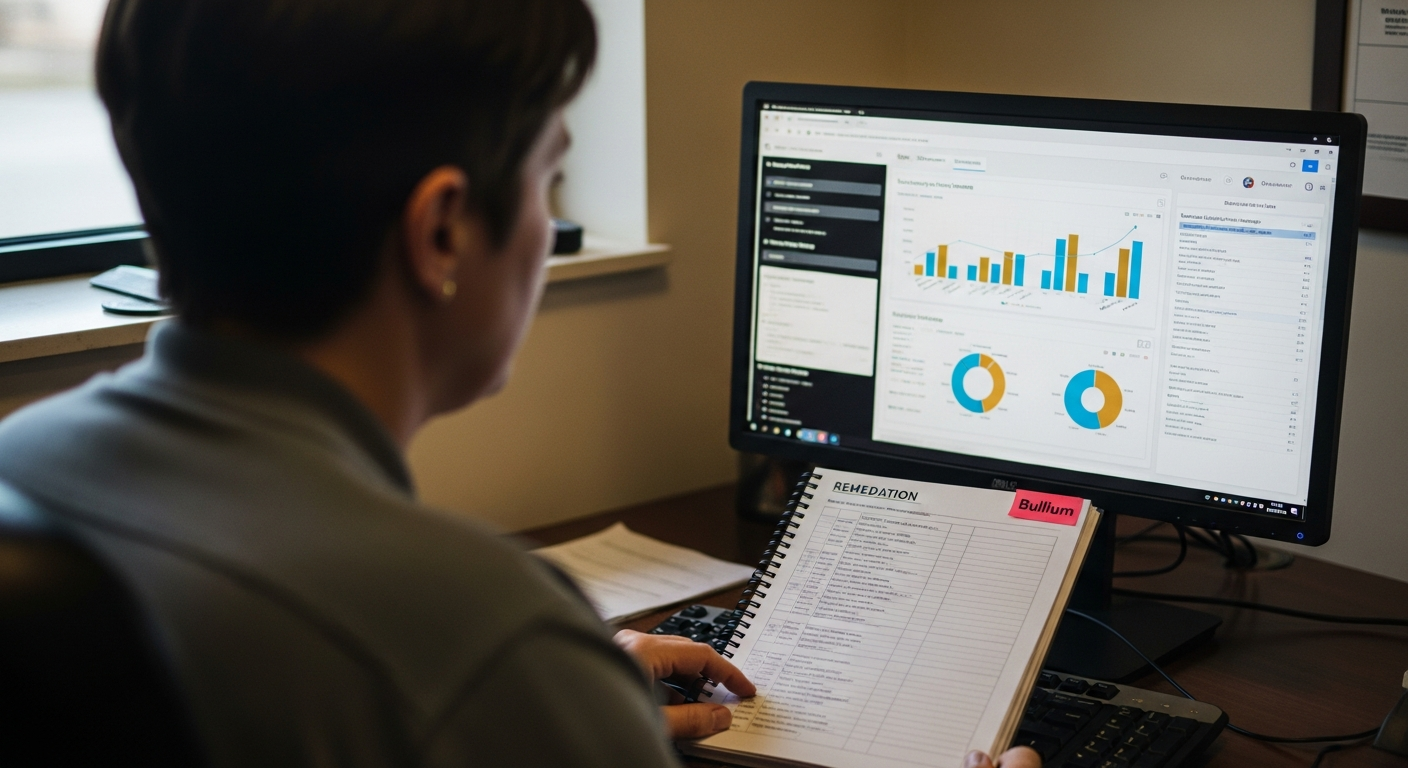 An Ohio public-sector IT manager reviewing an ORC 9.64 cybersecurity scan readiness panel on a monitor after the July 1 deadline
