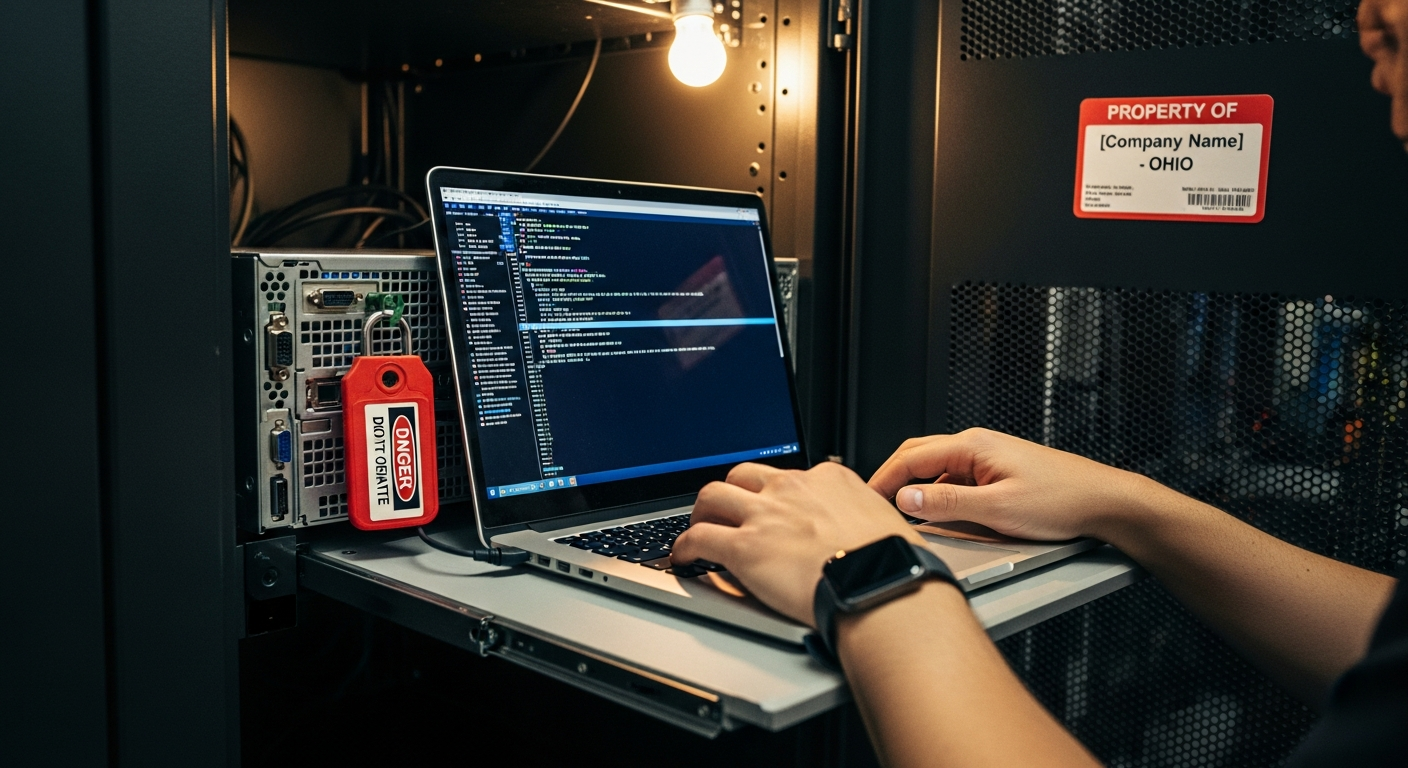 A Proxmox host being hardened with a red lockout-tagout tag attached during the change window