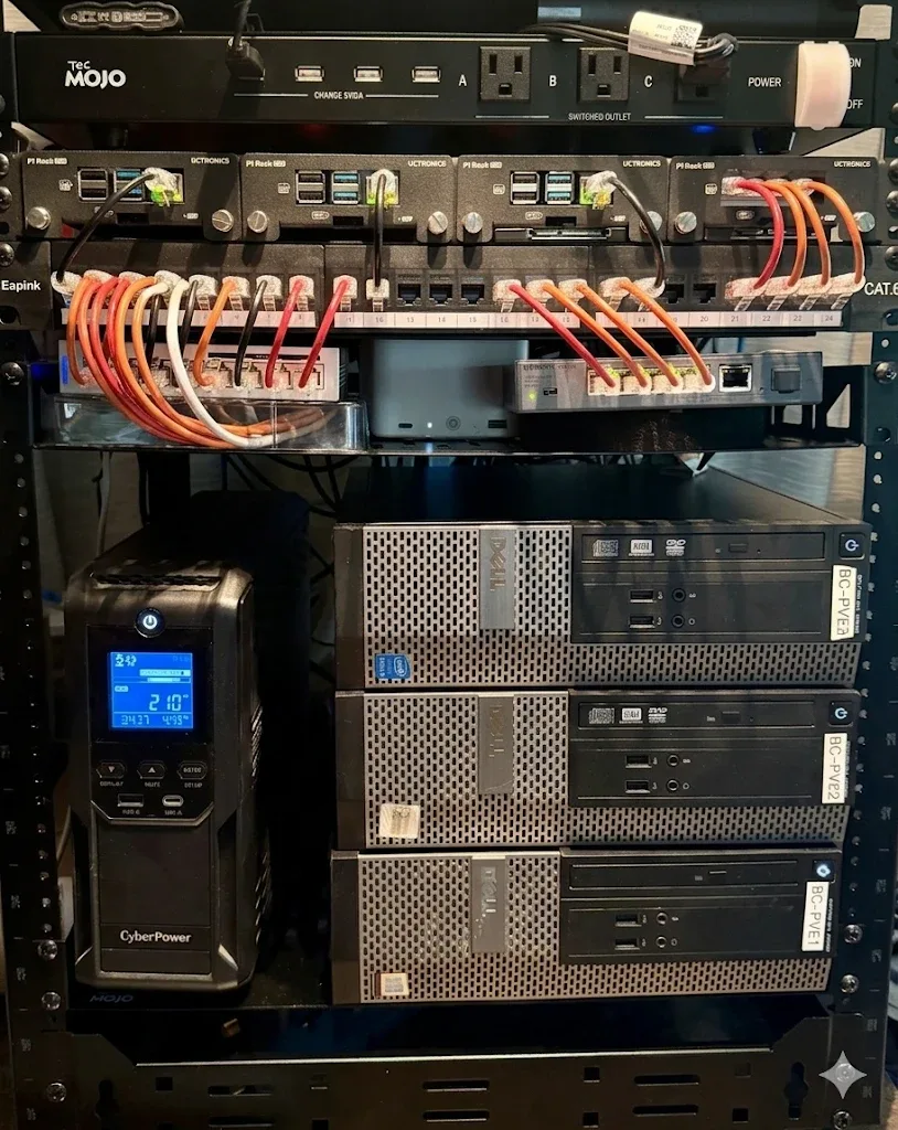 Bullium's production lab rack: three Dell OptiPlex small-form-factor nodes labeled BC-PVE1, BC-PVE2, and BC-PVE3 running a Proxmox VE cluster, a Raspberry Pi cluster, a Beelink ME mini running TrueNAS on NVMe, UniFi and 2.5GbE network switches, a 24-port CAT6 patch panel, and a CyberPower UPS