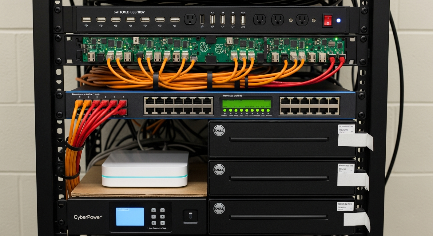 A compact open-frame Proxmox home lab rack in a small Ohio office with a Pi cluster, three OptiPlex nodes labeled as PVE cluster members, and a UPS at the bottom