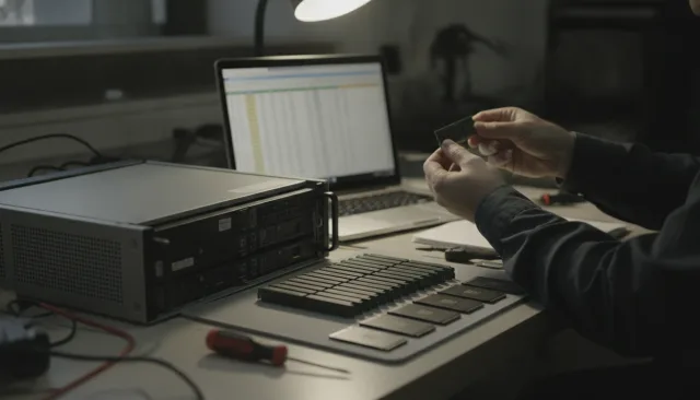 An open server chassis on a workbench with memory modules and drives laid out in rows beside it, a laptop showing a workload capacity spreadsheet propped behind