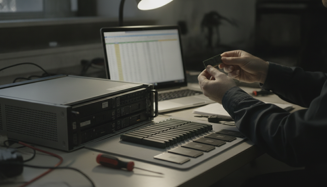 An open server chassis on a workbench with memory modules and drives laid out in rows beside it, a laptop showing a workload capacity spreadsheet propped behind