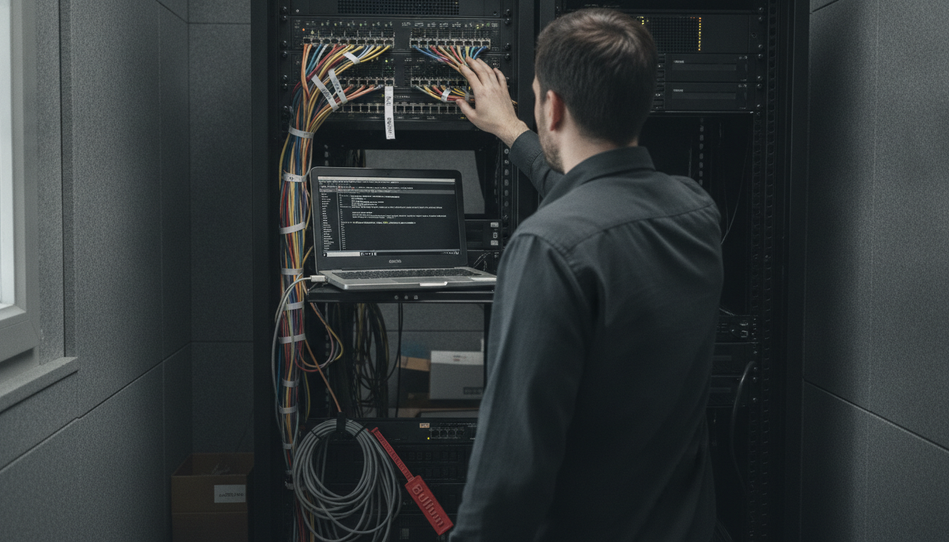 A network engineer traces a VLAN trunk between a Proxmox host and a top-of-rack switch, patch cables fanned out across the cabinet while a laptop on the rack shelf shows the bridge configuration