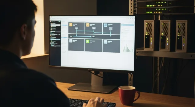 A systems administrator watching a Proxmox dashboard rebalance virtual machines across three rack-mounted cluster nodes