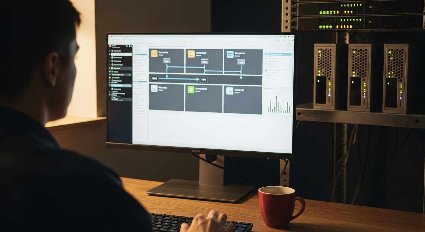A systems administrator watching a Proxmox dashboard rebalance virtual machines across three rack-mounted cluster nodes
