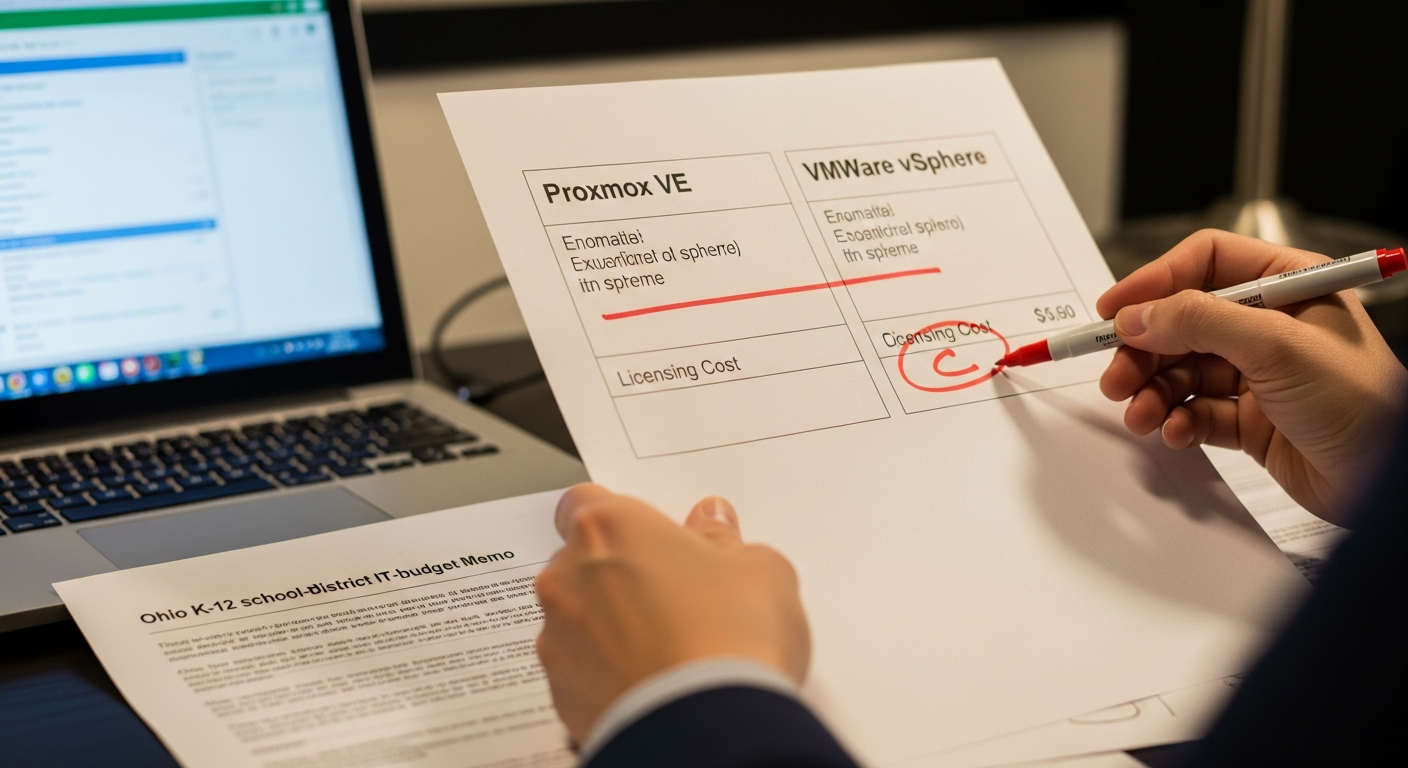 A printed Proxmox-vs-VMware comparison sheet with red sharpie annotations and a school-district budget memo