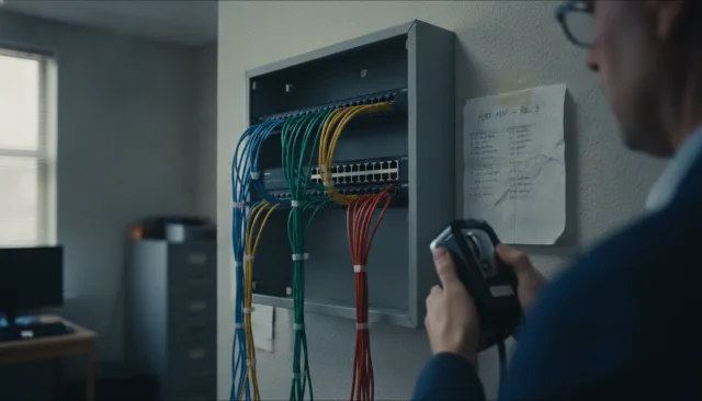 A wall-mounted network rack in a small municipal office, patch cables sorted into color groups with one bundle in red, and a handwritten port map taped beside it