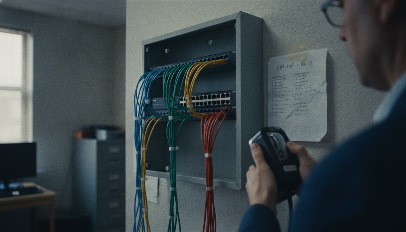 A wall-mounted network rack in a small municipal office, patch cables sorted into color groups with one bundle in red, and a handwritten port map taped beside it