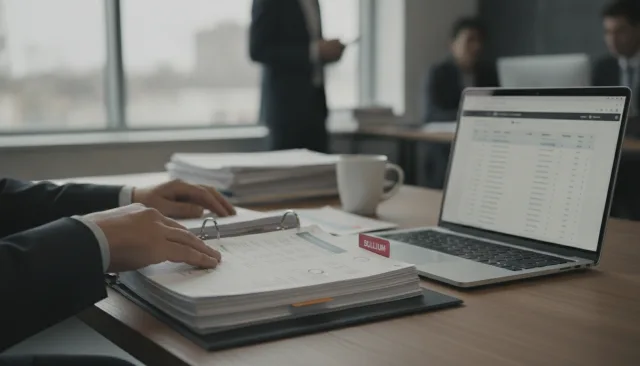An audit evidence binder lies open on a desk beside a laptop showing a ticket queue, a single red tab marking one section, colleagues out of focus in the background