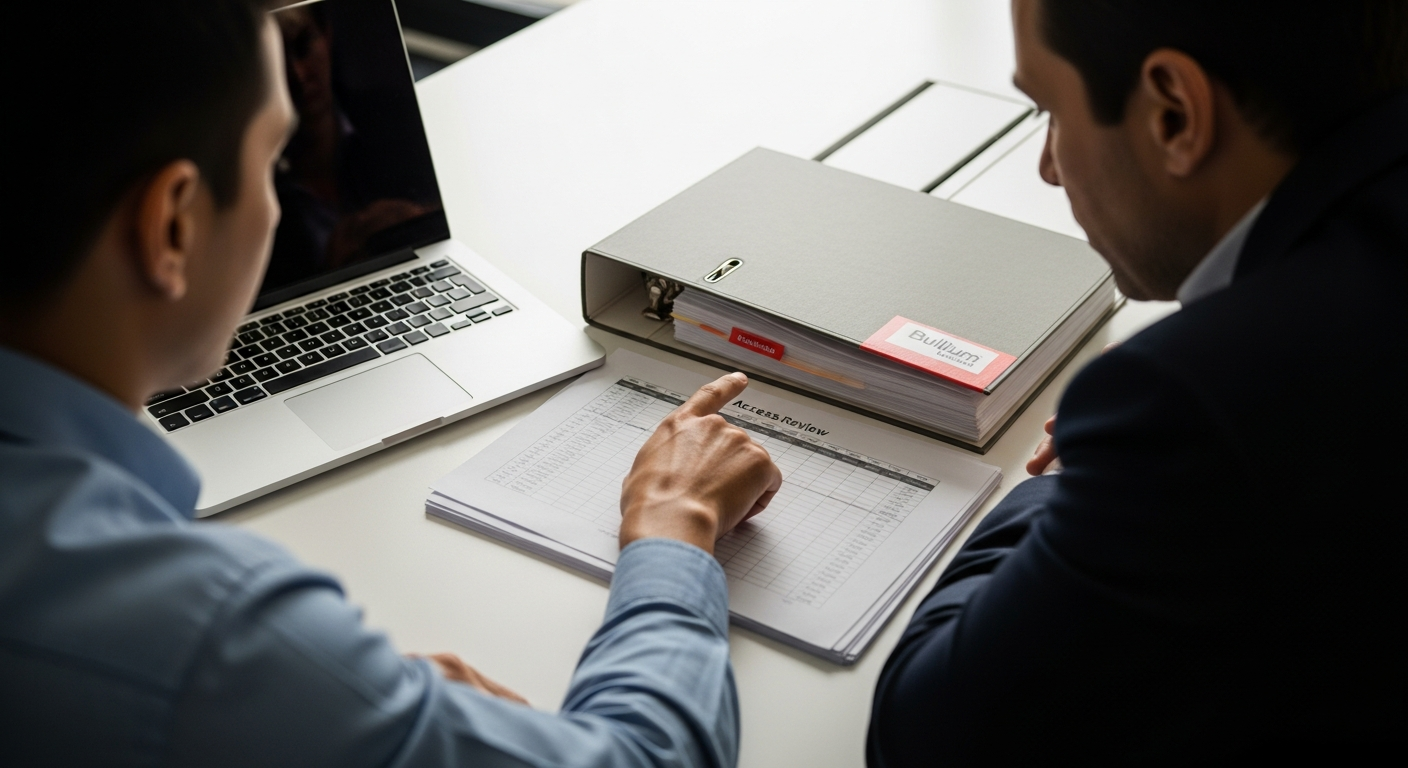 An IT controls analyst and a financial auditor reviewing a change-management evidence binder and an access-review report side by side at a conference table