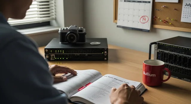 A database administrator reviewing a SQL Server migration runbook with a July 2026 deadline circled on a calendar behind the desk
