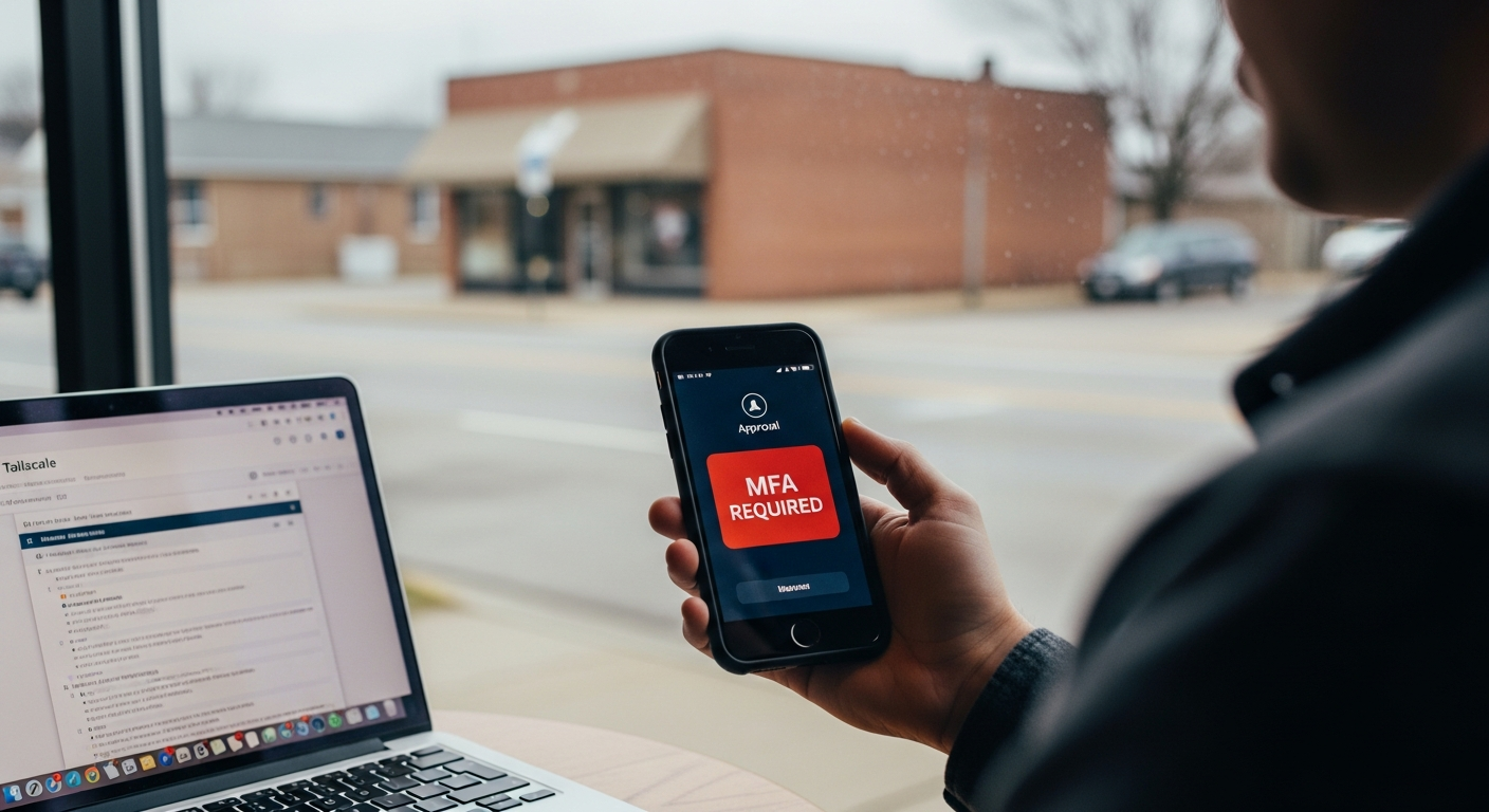 A remote worker authenticating with MFA on a phone before accessing internal services over a Tailscale tunnel